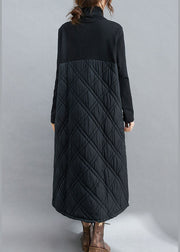 Fine Black Turtle Neck Patchwork Fine Cotton Filled Dresses Winter