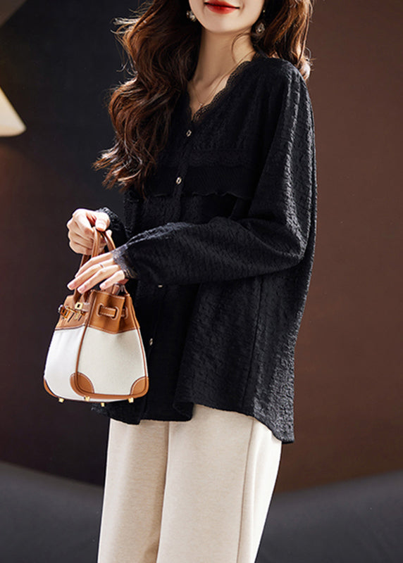 Fine Black V Neck Lace Patchwork Button Shirt Fall