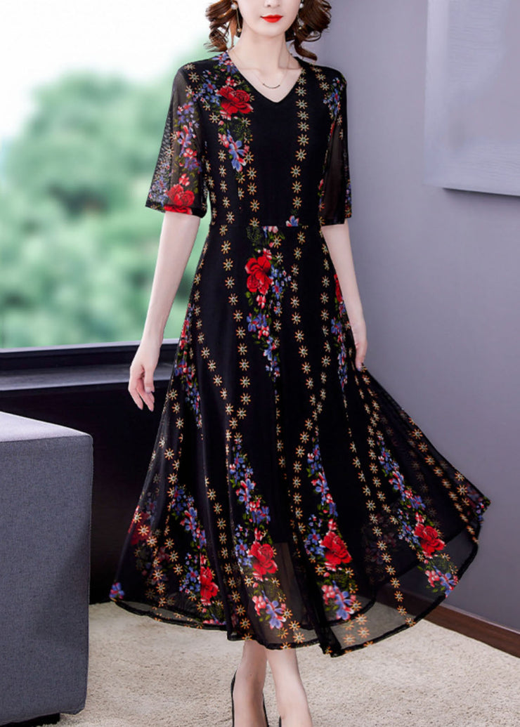 Fine Black V Neck Print Patchwork Tulle Long Dresses Summer