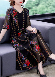 Fine Black V Neck Print Patchwork Tulle Long Dresses Summer