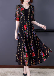 Fine Black V Neck Print Patchwork Tulle Long Dresses Summer