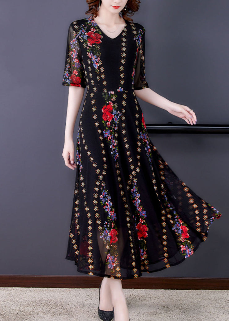 Fine Black V Neck Print Patchwork Tulle Long Dresses Summer