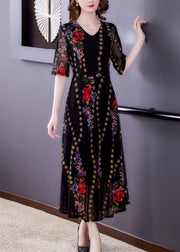 Fine Black V Neck Print Patchwork Tulle Long Dresses Summer