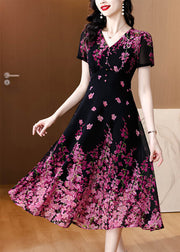 Fine Black V Neck Print Slim Fit Chiffon Dresses Summer