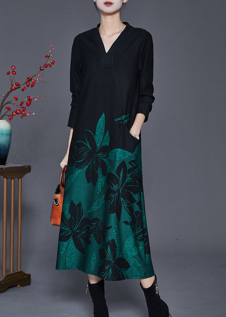 Fine Black V Neck Print Spandex Long Dress Spring