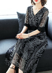 Fine Black V Neck Ruffles Print Chiffon Long Dress Summer