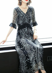 Fine Black V Neck Ruffles Print Chiffon Long Dress Summer