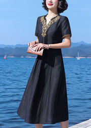 Fine Black V-Neck Wrinkled Patchwork Embroideried Silk Dress Summer