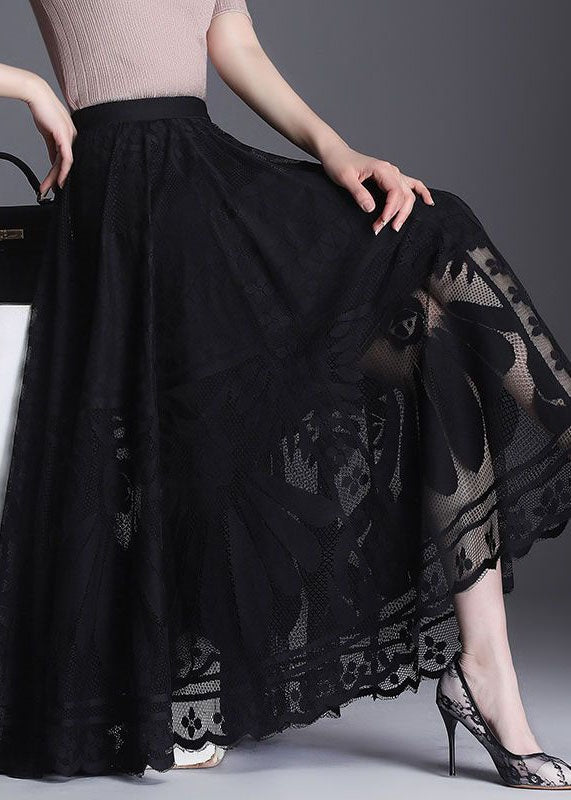 Fine Black Wrinkled Patchwork Hollow Out Lace Skirts Spring