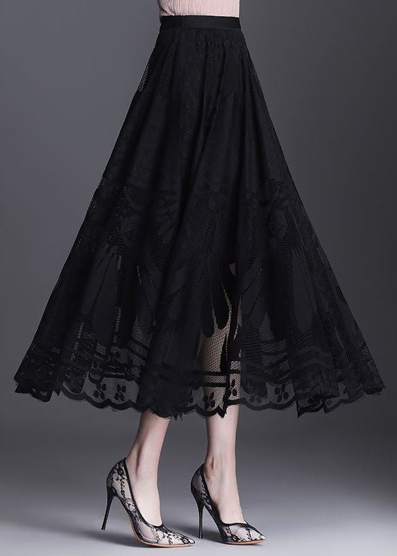 Fine Black Wrinkled Patchwork Hollow Out Lace Skirts Spring