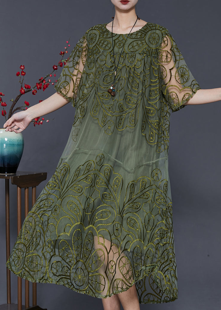 Fine Blackish Green Embroidered Tulle Dresses Summer