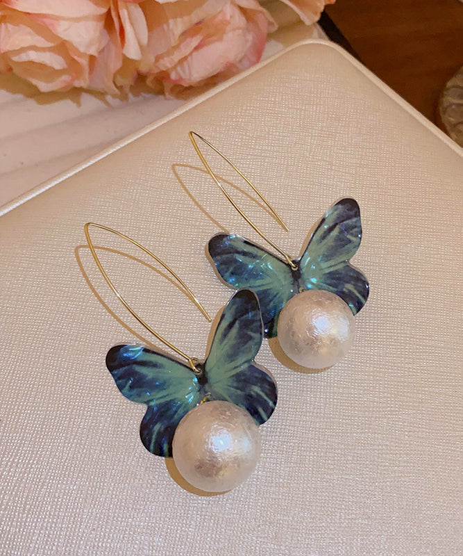 Fine Blue Acrylic Pearl Butterfly Drop Earrings