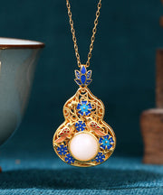 Fine Blue Ancient Gold Jade Enamel Lotus Flower Gourd Pendant Necklace