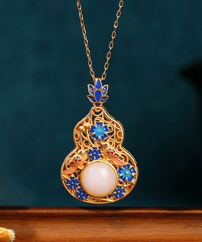 Fine Blue Ancient Gold Jade Enamel Lotus Flower Gourd Pendant Necklace