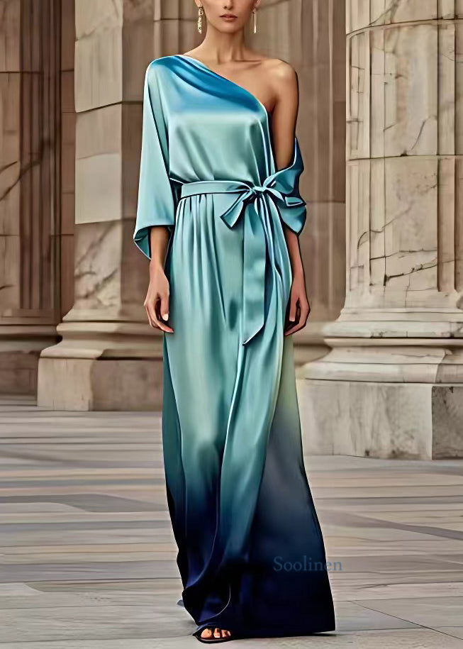 Fine Blue Asymmetrical Tie Waist Silk Holiday Maxi Dress Long Sleeve
