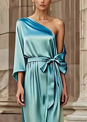 Fine Blue Asymmetrical Tie Waist Silk Holiday Maxi Dress Long Sleeve