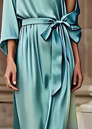 Fine Blue Asymmetrical Tie Waist Silk Holiday Maxi Dress Long Sleeve