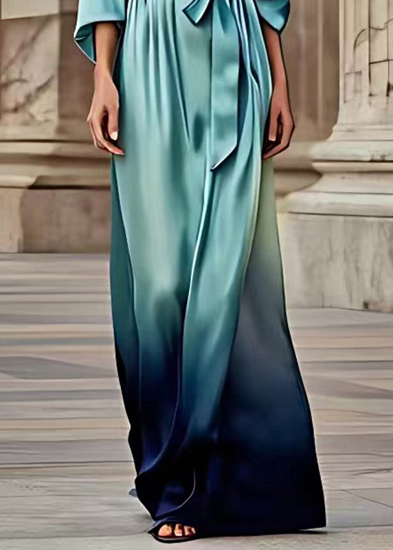 Fine Blue Asymmetrical Tie Waist Silk Holiday Maxi Dress Long Sleeve