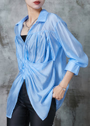 Fine Blue Asymmetrical Wrinkled Linen Blouse Top Summer