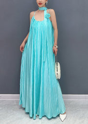 Fine Blue Cold Shoulder Floral Silk Spaghetti Strap Dress Summer