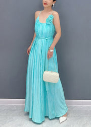 Fine Blue Cold Shoulder Floral Silk Spaghetti Strap Dress Summer