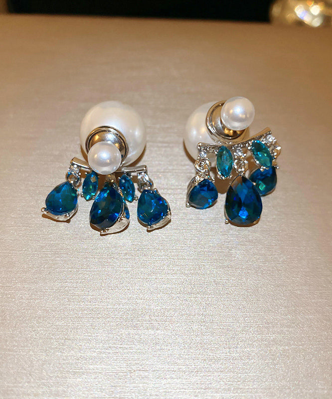 Fine Blue Copper Alloy Zircon Pearl Water Drop Drop Earrings