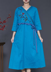 Fine Blue Embroidered Ruffled Linen Dress Summer