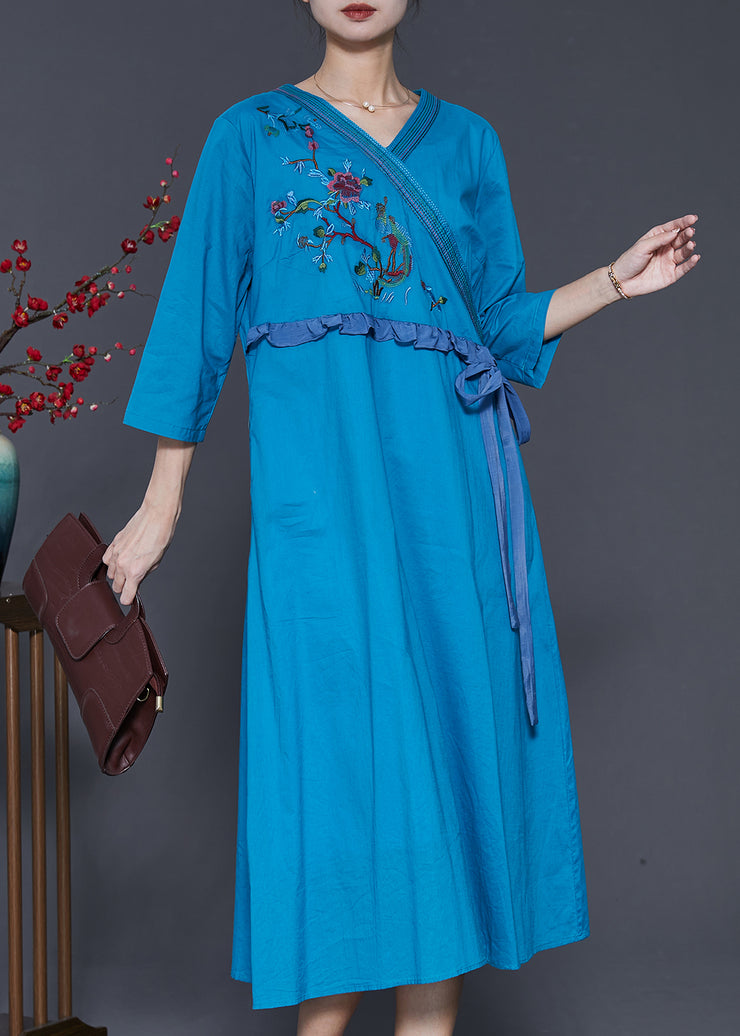 Fine Blue Embroidered Ruffled Linen Dress Summer