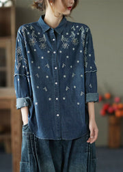 Fine Blue Embroideried Patchwork Cotton Denim Shirt Spring