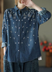 Fine Blue Embroideried Patchwork Cotton Denim Shirt Spring