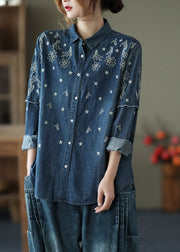 Fine Blue Embroideried Patchwork Cotton Denim Shirt Spring