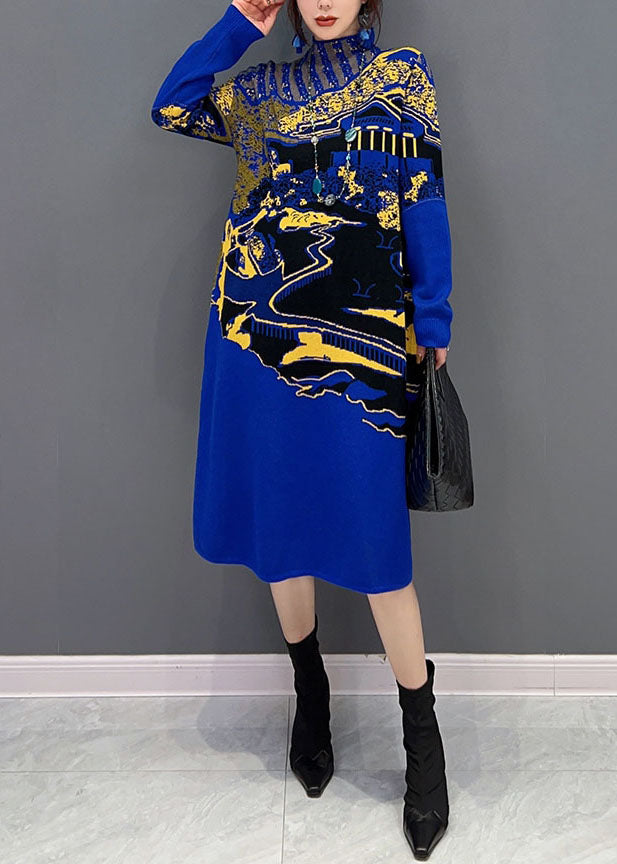 Fine Blue Hign Neck Print Knit Long Dresses Winter