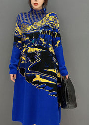 Fine Blue Hign Neck Print Knit Long Dresses Winter