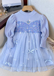 Fine Blue Knit Patchwork Sequins Diamond Tulle Girls Long Dress Fall