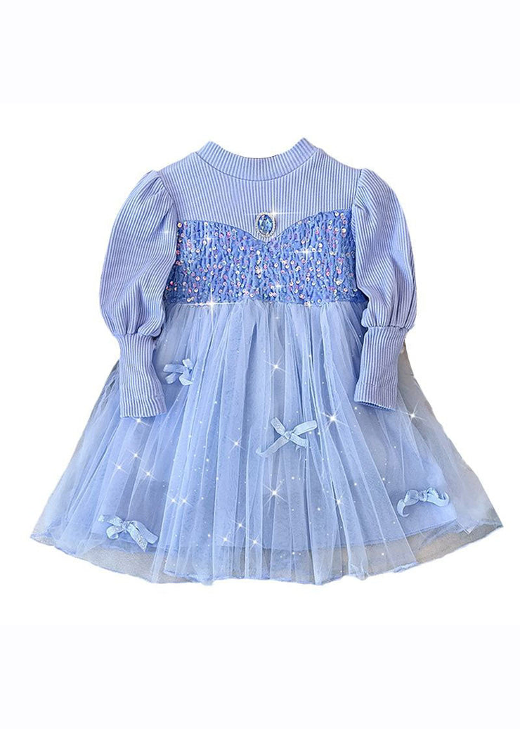 Fine Blue Knit Patchwork Sequins Diamond Tulle Girls Long Dress Fall