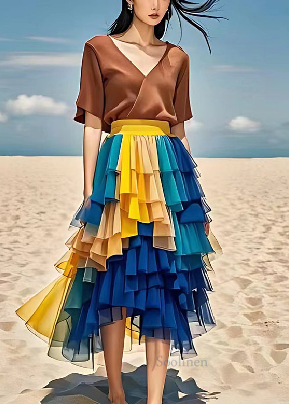 Fine Blue Layered Patchwork Tulle Chiffon Pleated Skirts Summer