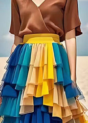 Fine Blue Layered Patchwork Tulle Chiffon Pleated Skirts Summer