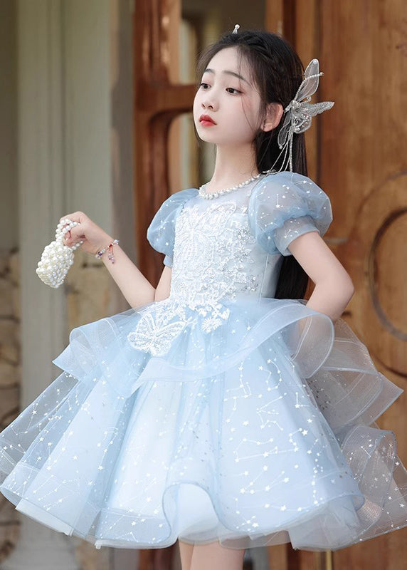 Fine Blue Nail Bead Bow Tulle Girls Maxi Dresses Summer