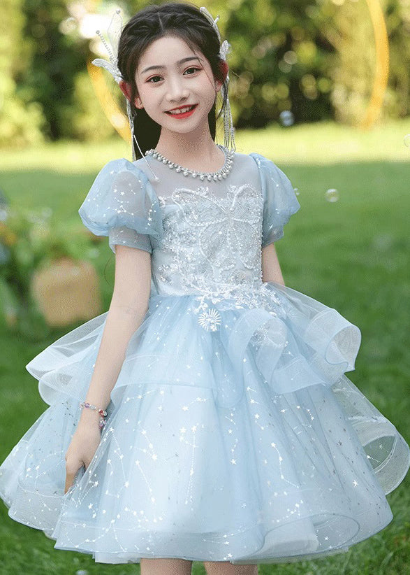 Fine Blue Nail Bead Bow Tulle Girls Maxi Dresses Summer