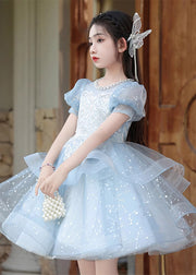 Fine Blue Nail Bead Bow Tulle Girls Maxi Dresses Summer