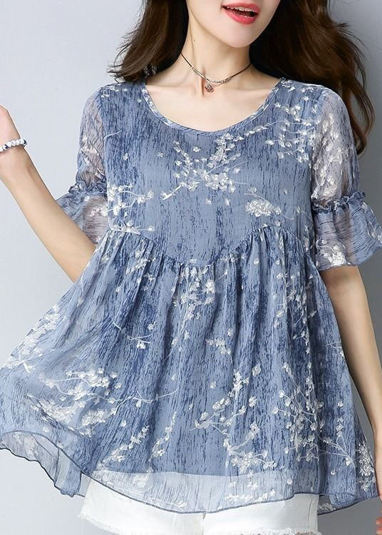 Fine Blue O Neck Print Patchwork Chiffon Shirt Tops Summer