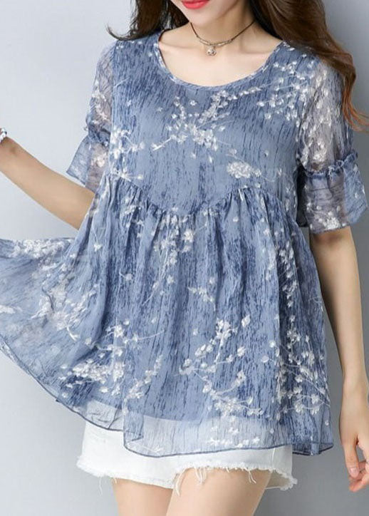 Fine Blue O Neck Print Patchwork Chiffon Shirt Tops Summer