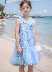 Fine Blue O-Neck Sequins Tulle Girls Maxi Dress Sleeveless