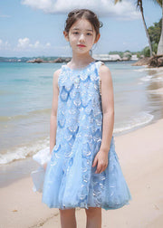 Fine Blue O-Neck Sequins Tulle Girls Maxi Dress Sleeveless