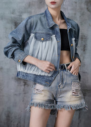 Fine Blue Oversized Patchwork Tulle Denim Jacket Fall