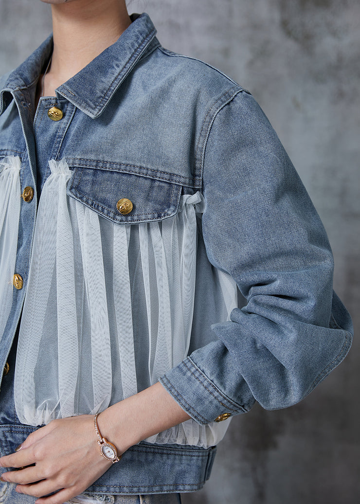 Fine Blue Oversized Patchwork Tulle Denim Jacket Fall