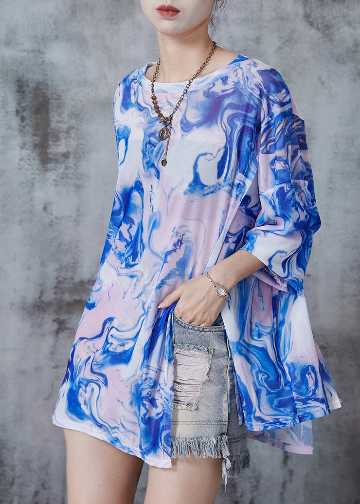 Fine Blue Oversized Print Chiffon UPF 50+ Top Fall