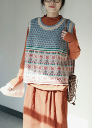 Fine Blue Oversized Print Knit Vests Fall