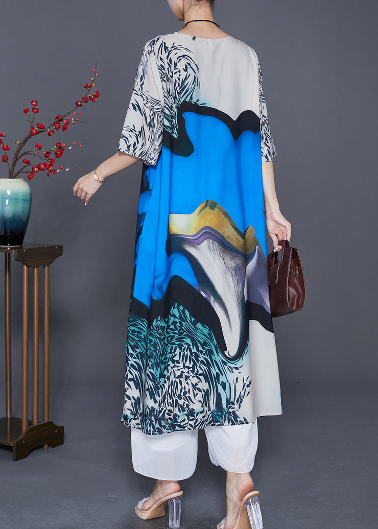 Fine Blue Oversized Print Silk Maxi Dresses Half Sleeve