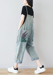 Fine Blue Patchwork Pockets Print Denim Jumpsuit Summer